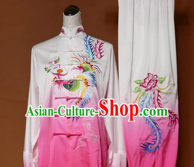Asian Chinese Top Grade Silk Kung Fu Costume Martial Arts Tai Chi Training Gradient Pink Uniform, China Embroidery Phoenix Gongfu Shaolin Wushu Clothing for Women