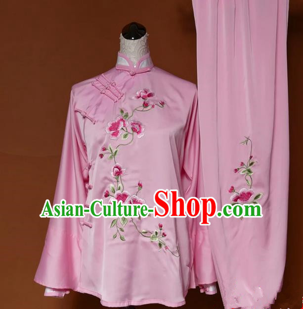 Asian Chinese Top Grade Silk Kung Fu Costume Martial Arts Tai Chi Training Pink Slant Opening Uniform, China Embroidery Peony Gongfu Shaolin Wushu Clothing for Women