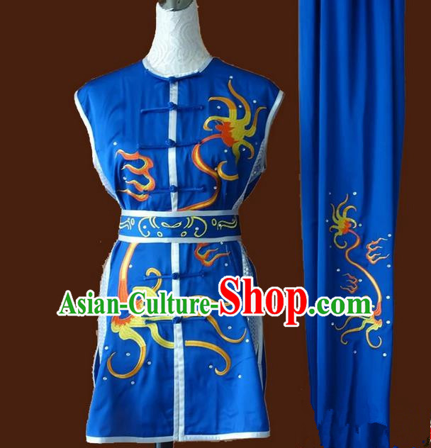 Asian Chinese Top Grade Silk Kung Fu Costume Martial Arts Tai Chi Training Blue Suit, China Embroidery Gongfu Shaolin Wushu Uniform for Men