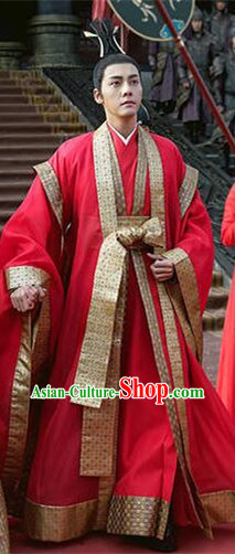 Asian Chinese Traditional Ancient Imperial Emperor Wedding Costume and Headpiece Complete Set, Lost Love In Times China Northern and Southern Dynasties Bridegroom Clothing for Men