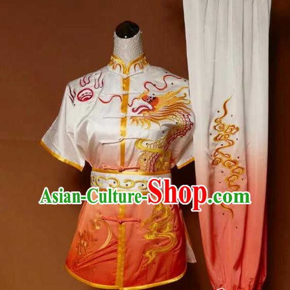 Asian Chinese Top Grade Silk Kung Fu Costume Martial Arts Tai Chi Training Suit, China Gongfu Shaolin Wushu Embroidery Dragon Gradient Orange Uniform for Men