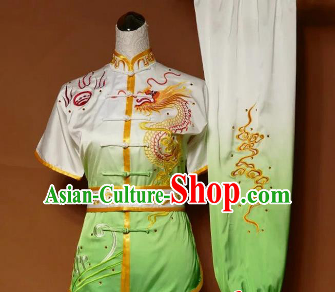 Asian Chinese Top Grade Silk Kung Fu Costume Martial Arts Tai Chi Training Suit, China Gongfu Shaolin Wushu Embroidery Dragon Gradient Green Uniform for Men