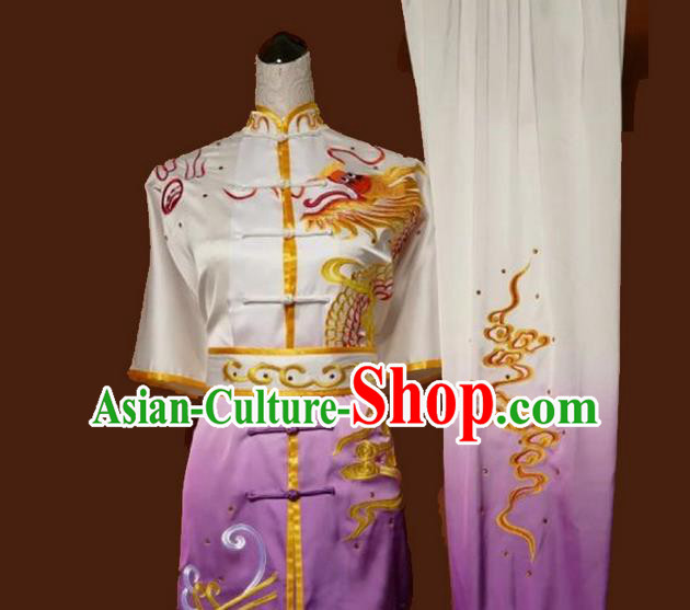 Asian Chinese Top Grade Silk Kung Fu Costume Martial Arts Tai Chi Training Suit, China Gongfu Shaolin Wushu Embroidery Dragon Gradient Purple Uniform for Men