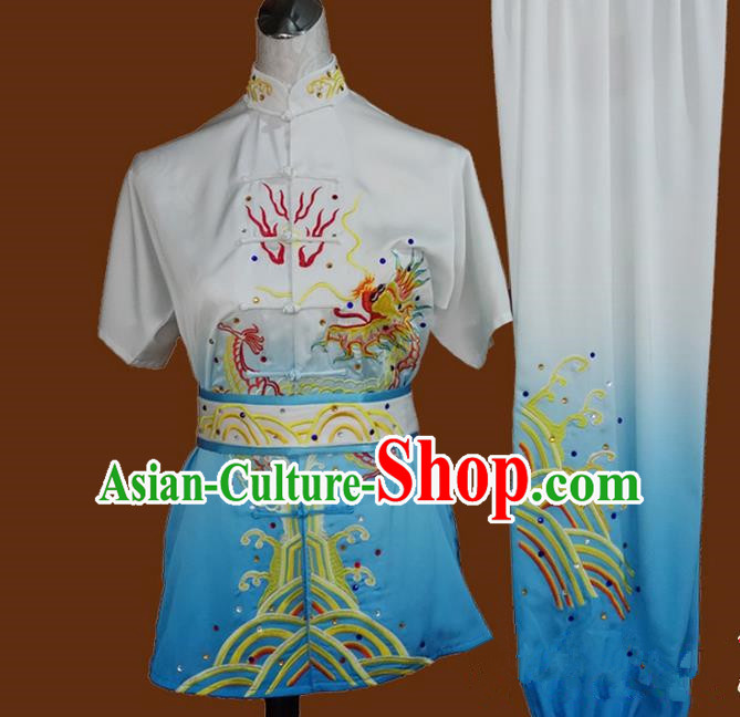 Asian Chinese Top Grade Silk Kung Fu Costume Martial Arts Tai Chi Training Suit, China Gongfu Shaolin Wushu Embroidery Dragon Blue Uniform for Men
