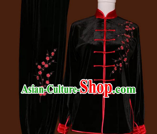 Asian Chinese Top Grade Velvet Kung Fu Costume Martial Arts Tai Chi Training Suit, China Gongfu Shaolin Wushu Embroidery Red Plum Blossom Black Uniform for Women