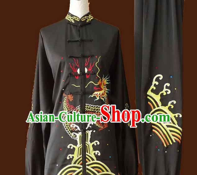 Asian Chinese Top Grade Silk Kung Fu Costume Martial Arts Tai Chi Training Suit, China Gongfu Shaolin Wushu Embroidery Dragon Black Uniform for Men