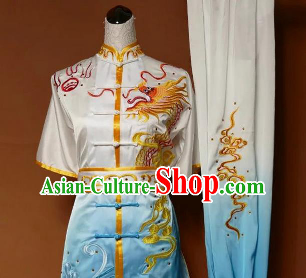 Asian Chinese Top Grade Silk Kung Fu Costume Martial Arts Tai Chi Training Suit, China Gongfu Shaolin Wushu Embroidery Dragon Gradient Blue Uniform for Men