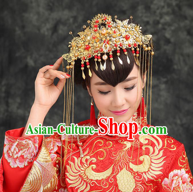 Traditional Handmade Chinese Ancient Classical Hair Accessories, Step Shake Phoenix Coronet, Bride Hair Fascinators Hairpins for Women