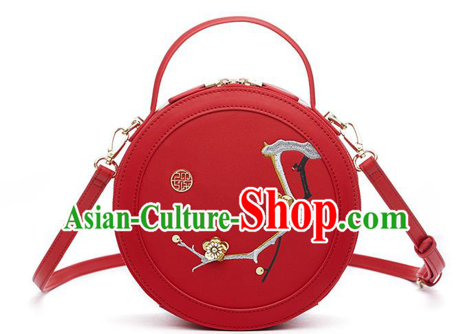 Traditional Handmade Asian Chinese Element Clutch Bags Shoulder Bag Embroidery Plum Blossom Haversack National Red Round Handbag for Women
