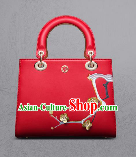 Traditional Handmade Asian Chinese Element Clutch Bags Shoulder Bag Embroidery Plum Blossom National Red Handbag for Women