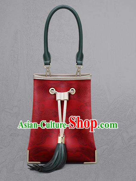 Traditional Handmade Asian Chinese Element Clutch Bucket Bags Shoulder Bag Printing National Red Handbag for Women