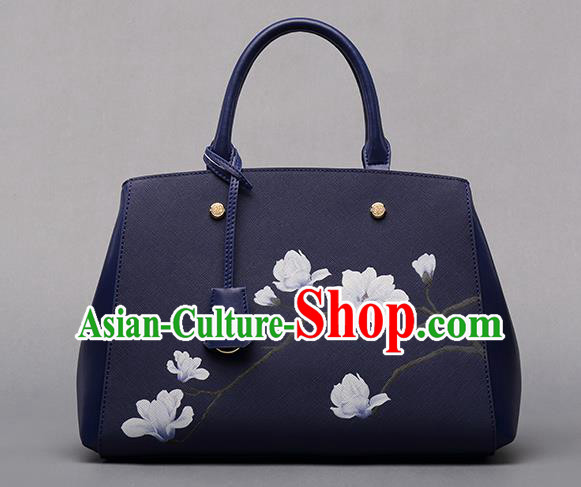 Traditional Handmade Asian Chinese Element Clutch Bags Shoulder Bag National Printing Mangnolia Flowers Royalblue Handbag for Women