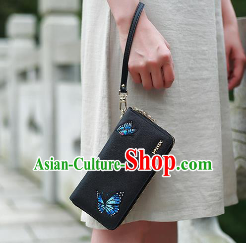Traditional Handmade Asian Chinese Element Embroidery Butterfly Wallet National Handbag Black Purse for Women