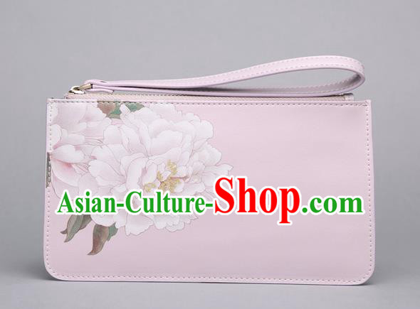 Traditional Handmade Asian Chinese Element Clutch Bags Shoulder Bag National Printing Flowers Pink Handbag for Women