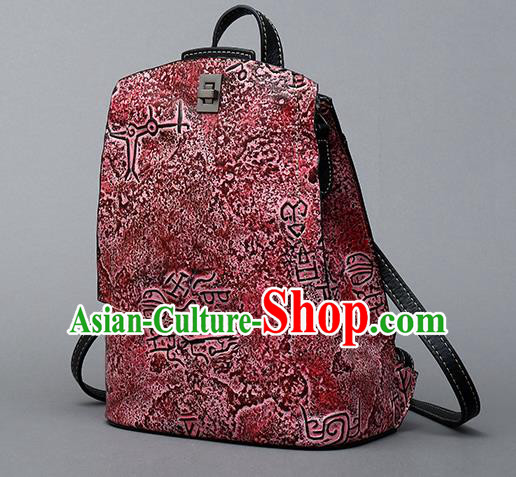 Traditional Handmade Asian Chinese Element Clutch Bags Backpack National Bronze Pattern Red Leather Handbag for Women