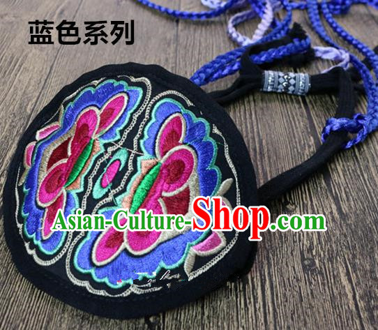 Traditional Handmade Chinese National Embroidery Headwear Miao Nationality Blue Headband for Women