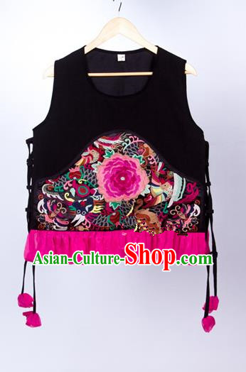 Traditional Chinese National Costume Vest, Elegant Hanfu Embroidered Peony Black Waistcoat for Women