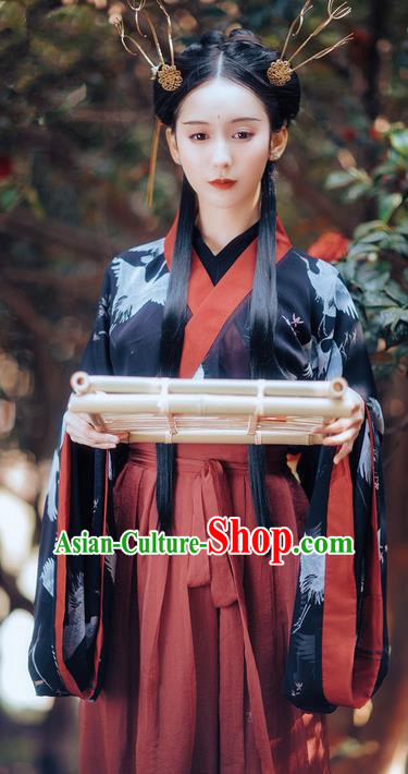Traditional Ancient Chinese Costume Slant Opening Ru Skirt, Elegant Hanfu Clothing Chinese Jin Dynasty Imperial Princess Wide Sleeve Printing Crane Robe Clothing for Women