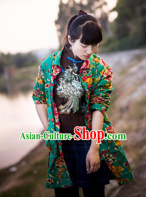 Traditional Chinese National Costume Front Opening Linen Coat, Elegant Hanfu Embroidered Tang Suit Green Coat for Women