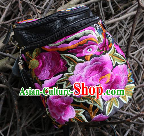 Traditional Handmade Chinese National Waist Bag Miao Nationality Embroidery Pink Flowers Leather Pocket for Women