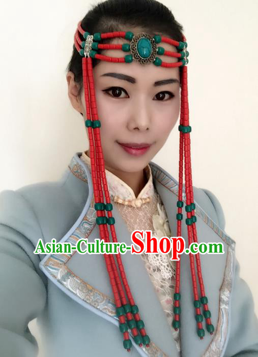 Traditional Handmade Chinese  Mongol Nationality Dance Hair Accessories Headwear, China Mongols Mongolian Minority Nationality Red Beads Tassel Headpiece for Women