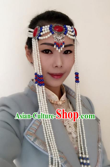 Traditional Handmade Chinese Mongol Nationality Dance White Beads Hair Accessories Headwear, China Mongols Mongolian Minority Nationality Bride Headpiece for Women