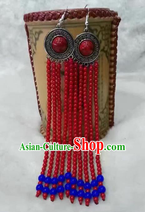 Traditional Handmade Chinese  Mongol Nationality Dance Accessories Earrings, China Mongols Mongolian Minority Nationality Princess Long Red Beads Tassel Eardrop for Women