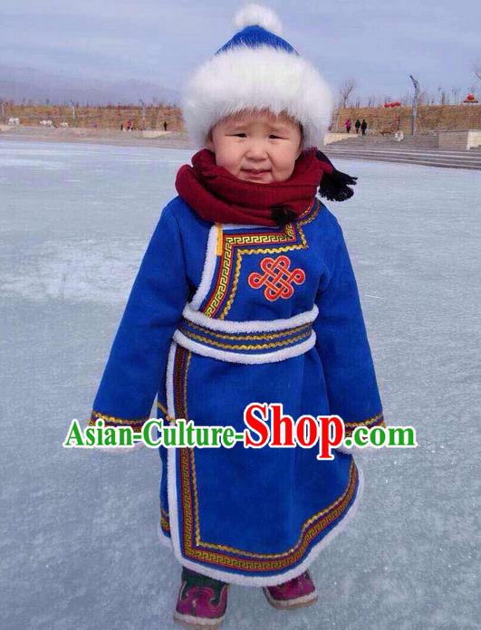 Traditional Chinese Mongol Nationality Dance Costume Blue Mongol Cotton Wadded Robes, Chinese Children Mongolian Minority Nationality Embroidery Clothing for Kids