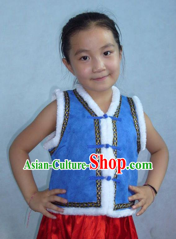 Traditional Chinese Mongol Nationality Dance Costume Children Blue Mongol Vest, China Mongolian Minority Nationality Waistcoat Clothing for Kids