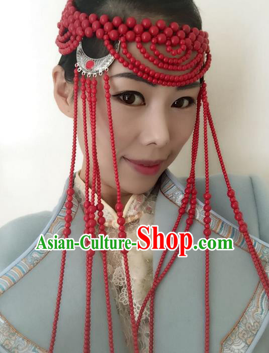 Traditional Handmade Chinese Mongol Nationality Dance Tassel Hair Accessories Headwear, China Mongols Mongolian Minority Nationality Bride Beads Headpiece for Women