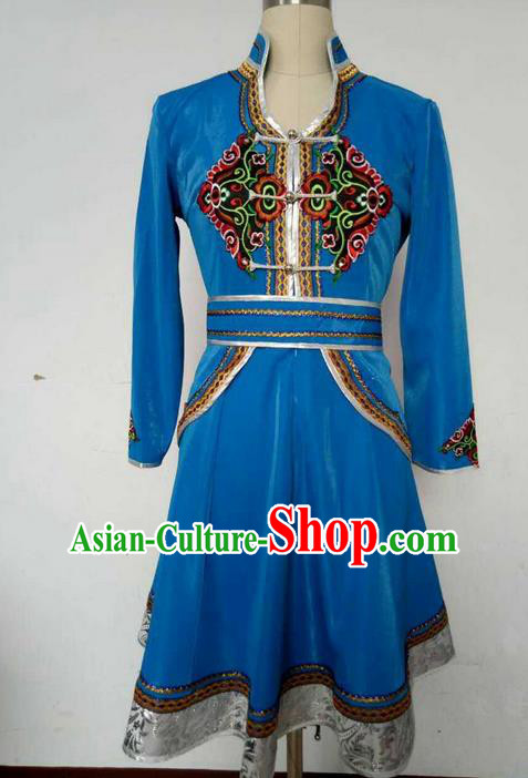 Traditional Chinese Mongol Nationality Dance Costume, China Mongolian Minority Nationality Blue Dress Clothing for Women