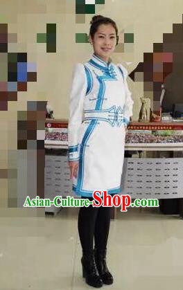 Traditional Chinese Mongol Nationality Dance Costume Handmade White Mongolian Robe, China Mongolian Minority Nationality Dress Clothing for Women