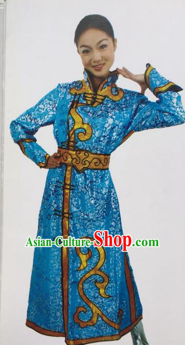 Traditional Chinese Mongol Nationality Dance Costume Blue Mongolian Robe, China Mongolian Minority Nationality Clothing for Women