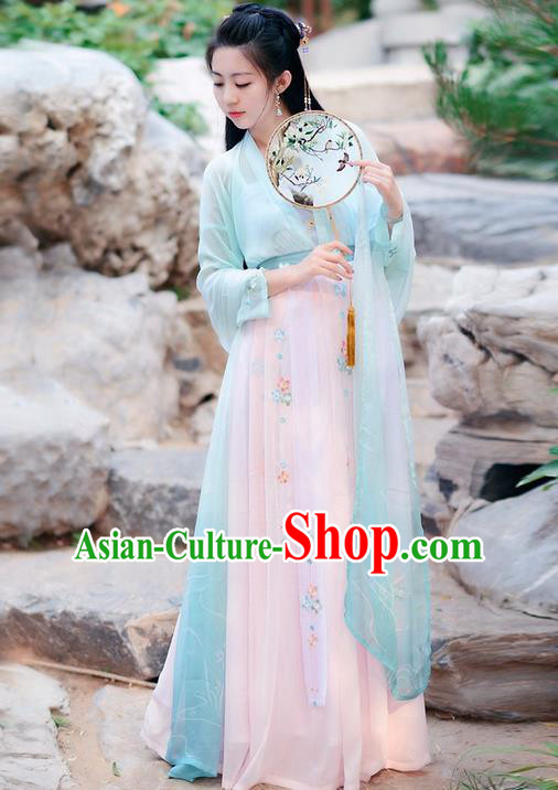 Traditional Ancient Chinese Costume Tang Dynasty Embroidery Slant Opening Blue Blouse and Skirt, Elegant Hanfu Clothing Chinese Princess Dress Clothing for Women