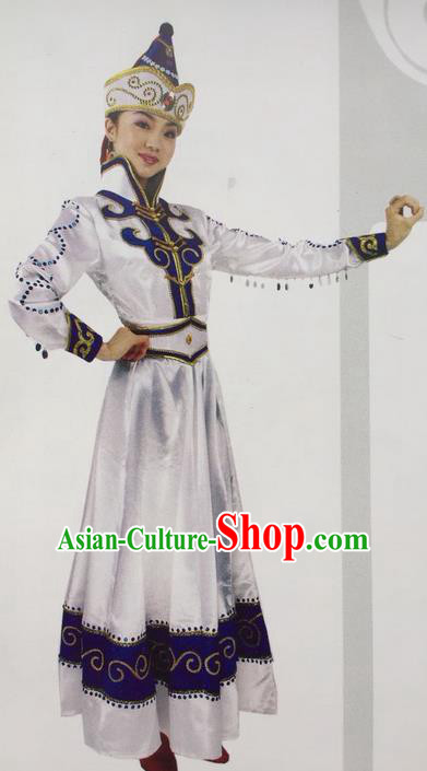 Traditional Chinese Mongol Nationality Dance Costume White Mongolian Robe, China Mongolian Minority Nationality Princess Dress Clothing for Women