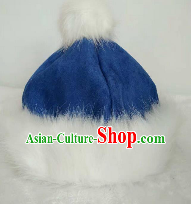 Traditional Handmade Chinese Mongol Nationality Dance Headwear Cotton-padded Hat, China Mongolian Minority Nationality Children Blue Headpiece for Kids
