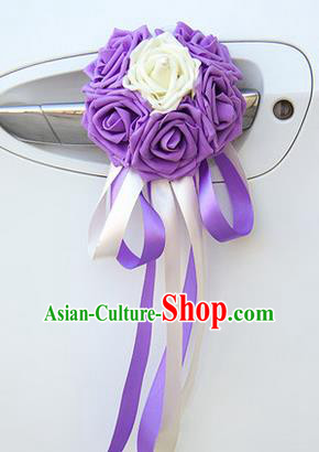 Top Grade Wedding Accessories Decoration, China Style Wedding Car Ornament Six Flowers Bride Purple and White Rose Ribbon Garlands