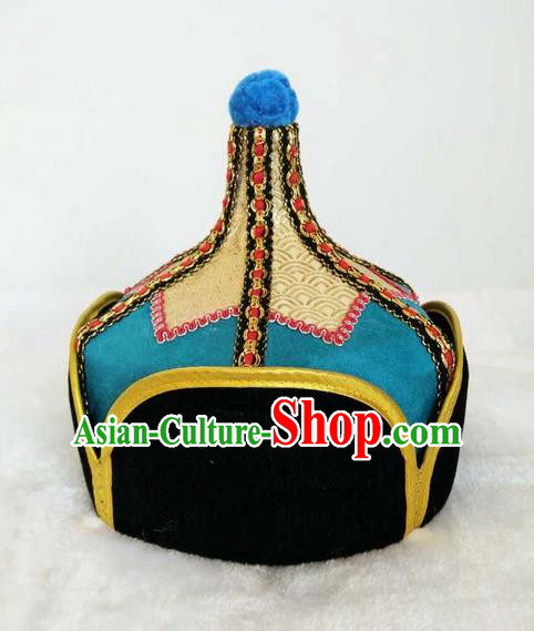 Traditional Handmade Chinese Mongol Nationality Dance Headwear Royal Highness Hat, China Mongolian Minority Nationality Prince Blue Headpiece for Men