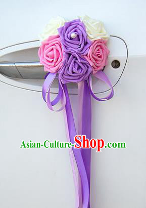Top Grade Wedding Accessories Decoration, China Style Wedding Car Ornament Six Flowers Bride Pink Purple and White Rose Ribbon Garlands
