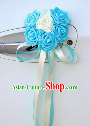 Top Grade Wedding Accessories Decoration, China Style Wedding Car Ornament Six Flowers Bride Blue Rose Ribbon Garlands
