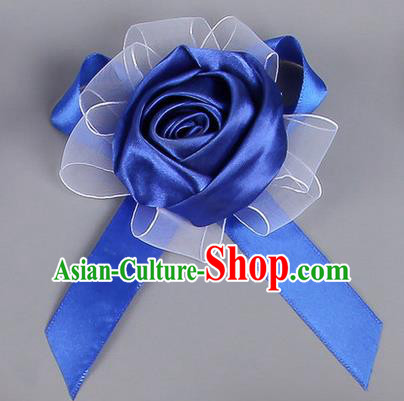 Top Grade Wedding Accessories Decoration Corsage, China Style Wedding Car Ornament Rose Flowers Bride Bridegroom Royalblue Ribbon Brooch