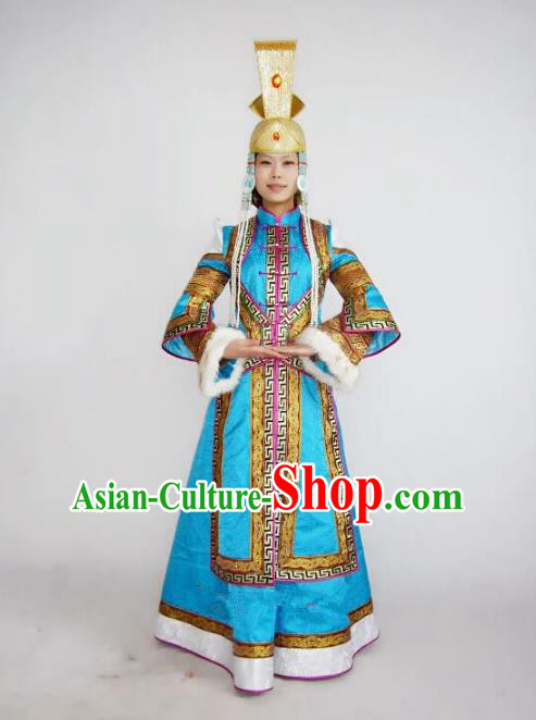 Traditional Chinese Mongol Nationality Dance Costume Handmade Wedding Bride Mongolian Robe, China Mongolian Minority Nationality Blue Dress Clothing for Women