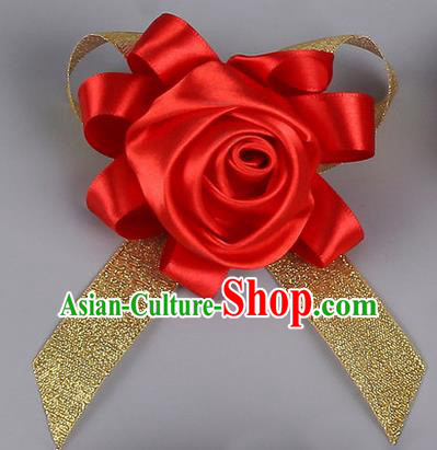 Top Grade Wedding Accessories Decoration Corsage, China Style Wedding Car Ornament Red Rose Flowers Bride Bridegroom Golden Ribbon Brooch