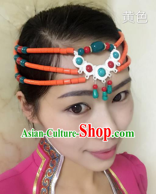 Traditional Handmade Chinese Mongol Nationality Handmade Orange Beads Headband, China Mongols Mongolian Minority Nationality Wedding Bride Tassel Headwear Headpiece for Women