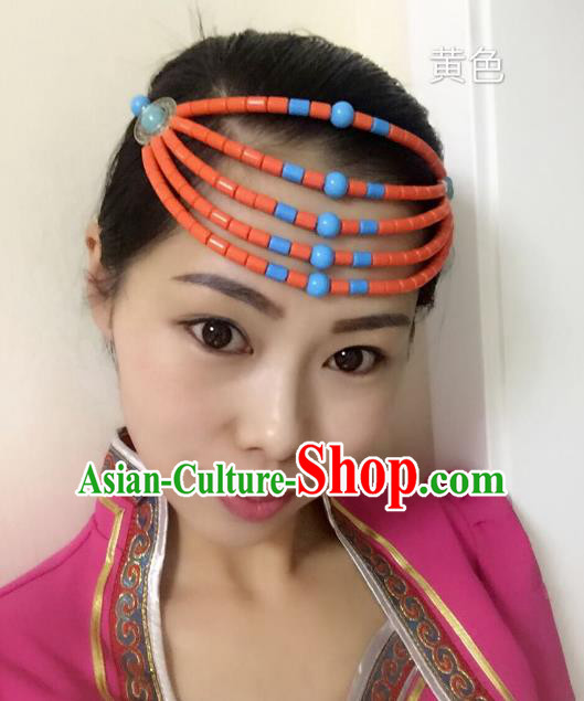 Traditional Handmade Chinese Mongol Nationality Handmade Orange Beads Hair Accessories, China Mongols Mongolian Minority Nationality Wedding Headwear for Women