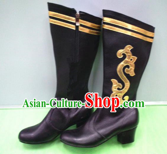 Traditional Chinese Minority Mongol Nationality Dance Black Leather Shoes, Ethnic Minorities Mongolian Boots for Women