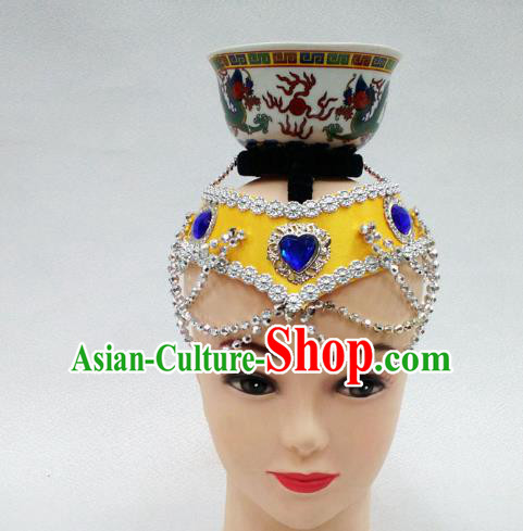 Traditional Handmade Chinese Mongol Nationality Handmade Yellow Hair Accessories, China Mongols Mongolian Minority Nationality Headband Headwear for Women