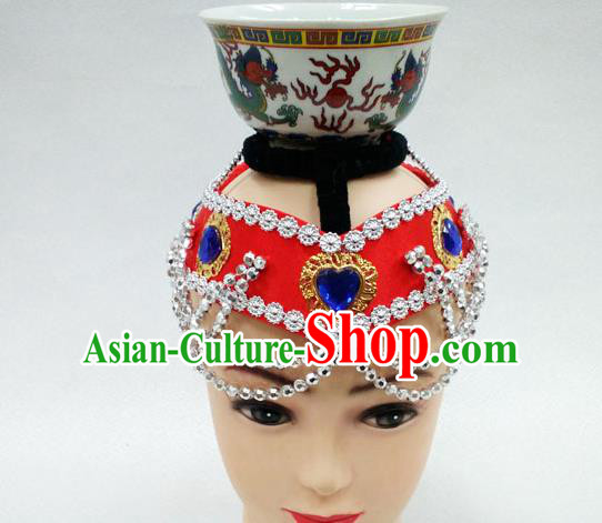 Traditional Handmade Chinese Mongol Nationality Handmade Red Hair Accessories, China Mongols Mongolian Minority Nationality Headband Headwear for Women