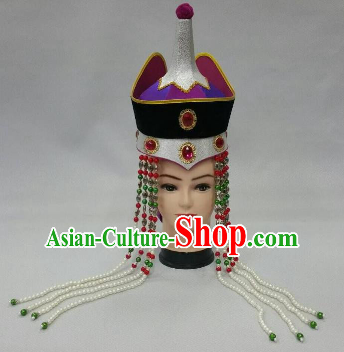 Traditional Handmade Chinese Mongol Nationality Handmade Queen Tassel Hat Hair Accessories, China Mongols Mongolian Minority Nationality Headwear for Women
