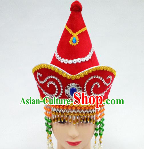 Traditional Handmade Chinese Mongol Nationality Handmade Princess Tassel Red Hat Hair Accessories, China Mongols Mongolian Minority Nationality Wedding Headwear for Women
